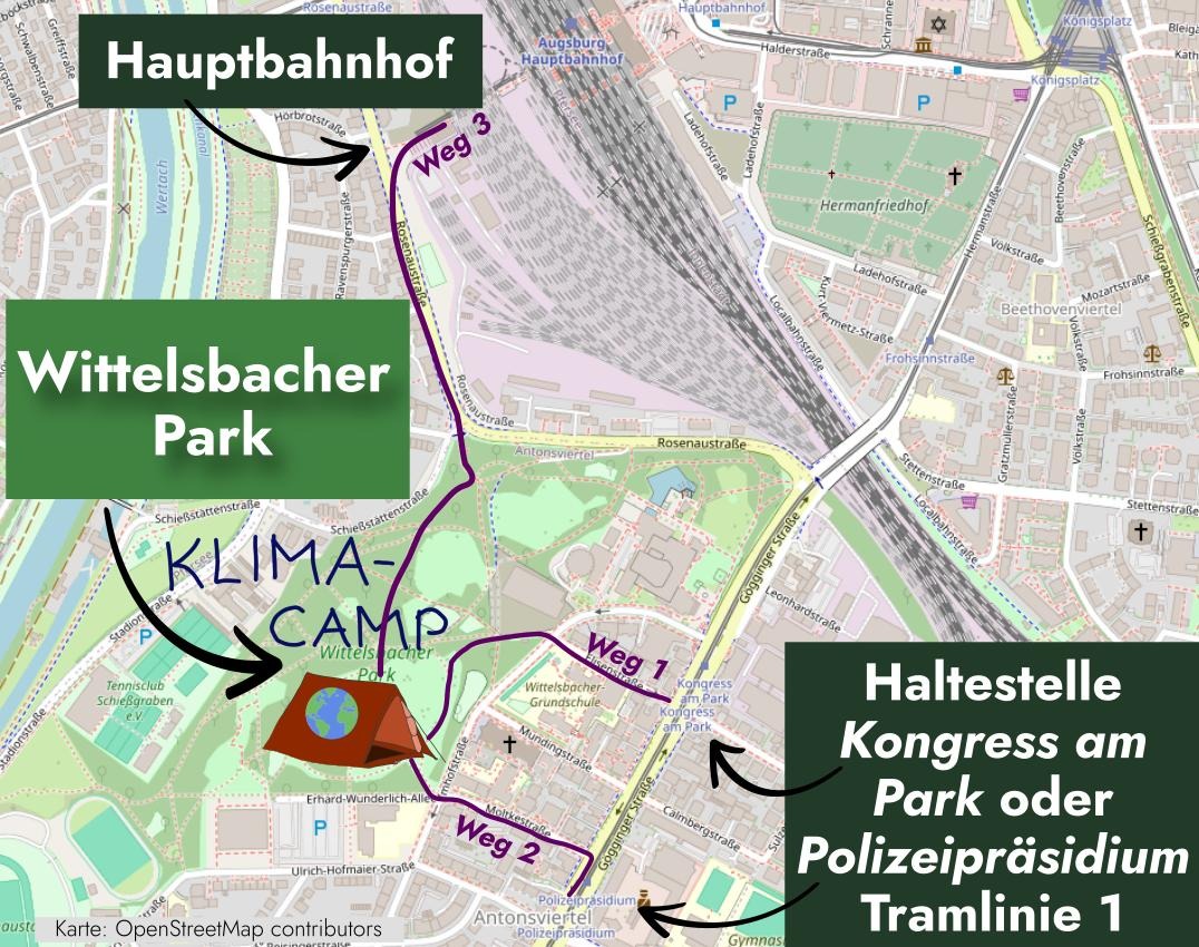 Die Karte zeigt die Routen von den nächsten Tramhaltestellen der Linie 1 und dem Hauptbahnhof zum Standort des Klimacamps im Wittelsbacher Park.
